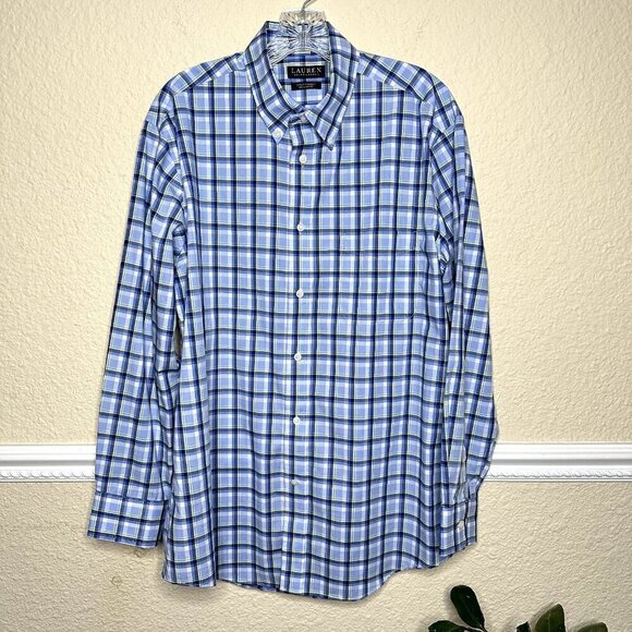 Lauren Ralph Lauren Regular Fit Stretch Button Down Shirt Men's L Blue Plaid - Picture 1 of 7